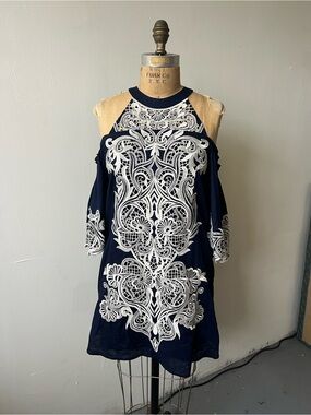 Parker Navy Off shoulder Mini Dress with White Lace Appliqué